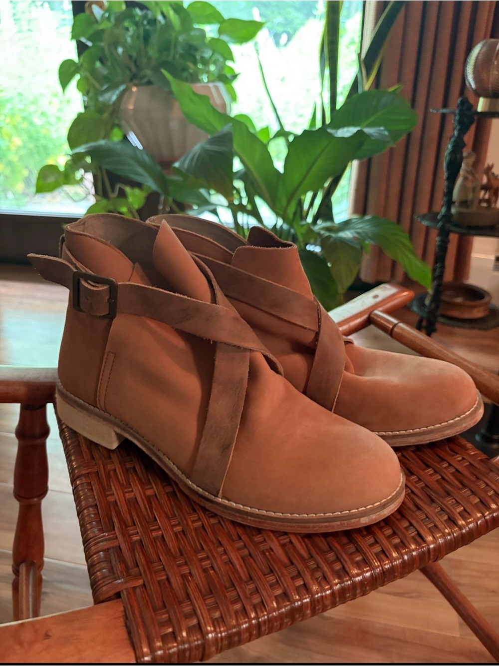 Free People Camel Cognac Brown Suede Ankle Boots with Wrap Strap